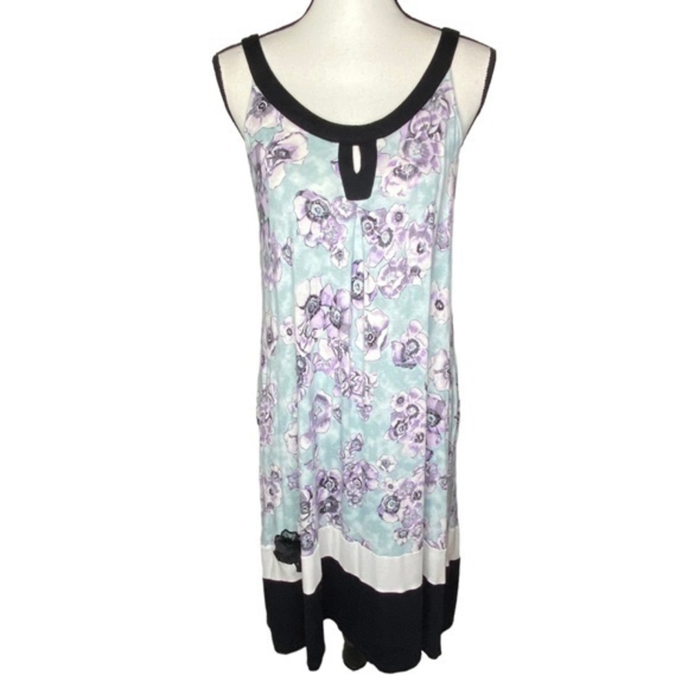 Vera Wang Dress Black Blue Purple Floral A Line Sleeveless Keyhole Neckline Midi